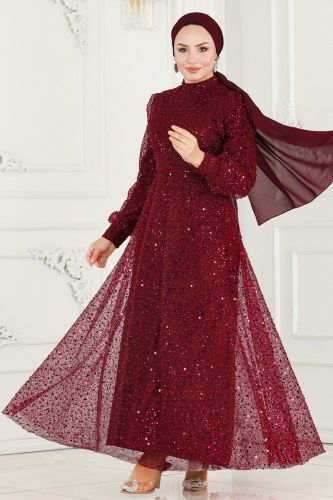 moda selvim فستان سهرة خمري 5014LPN858 - Thumbnail