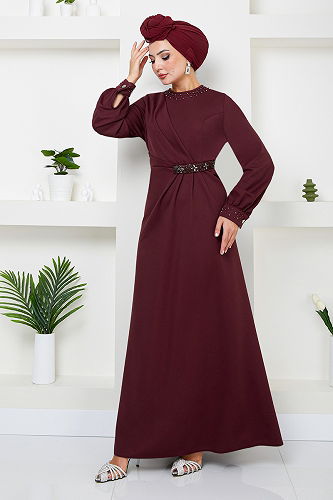 moda selvim EVENING DRESS 5027SL890-M Burgundy - Thumbnail