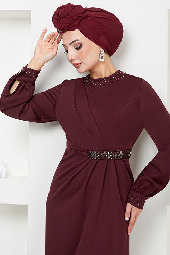 moda selvim فستان سهرة خمري 5027SL890-M - Thumbnail