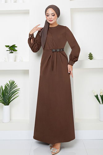 moda selvim EVENING DRESS 5027SL890-M Coffee - Thumbnail