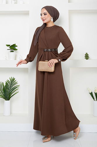 moda selvim EVENING DRESS 5027SL890-M Coffee - Thumbnail