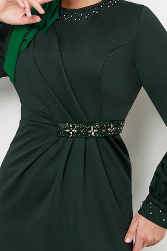 moda selvim فستان سهرة زيتي 5027SL890-M - Thumbnail