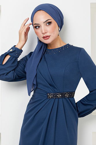 moda selvim فستان سهرة ازرق 5027SL890-M - Thumbnail