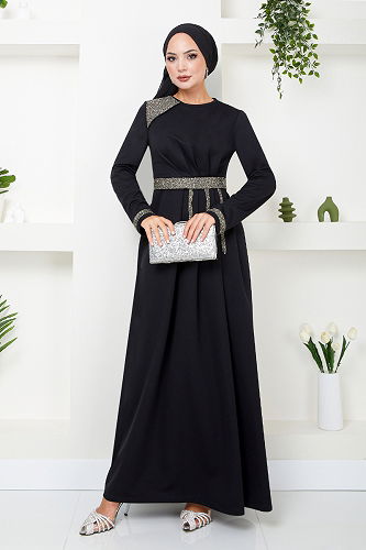 moda selvim فستان سهرة أسود 5029SL890-M - Thumbnail