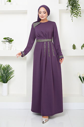 moda selvim EVENING DRESS 5029SL890-M Dark Lilac - Thumbnail