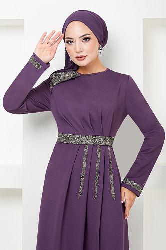 moda selvim EVENING DRESS 5029SL890-M Dark Lilac - Thumbnail