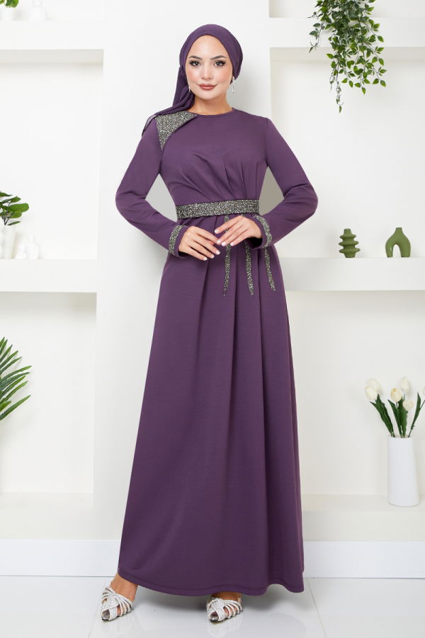 Modaselvim خصم صافٍ20%+20% في سلة التسوق فستان سهرة ليلكي غامق 5029SL890-M