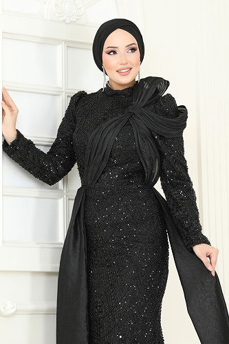 moda selvim Evening Dress 5070D170 Black - Thumbnail