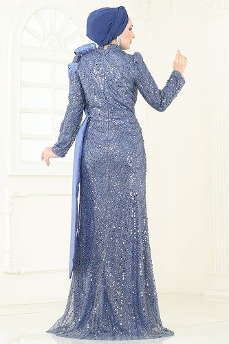 moda selvim Evening Dress 5070D170 Indigo - Thumbnail