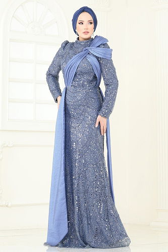 moda selvim Evening Dress 5070D170 Indigo - Thumbnail