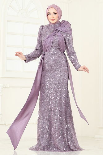moda selvim Evening Dress 5070D170 Lilac - Thumbnail