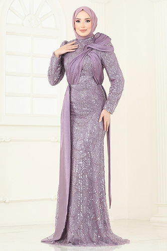 moda selvim Evening Dress 5070D170 Lilac - Thumbnail