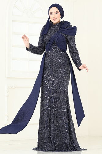 moda selvim Evening Dress 5070D170 Navy Blue - Thumbnail