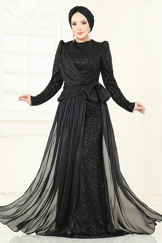 moda selvim Evening Dress 5076D170 Black - Thumbnail