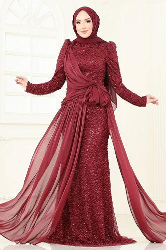 moda selvim Evening Dress 5076D170 Burgundy - Thumbnail