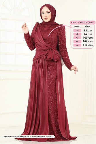 moda selvim Evening Dress 5076D170 Burgundy - Thumbnail