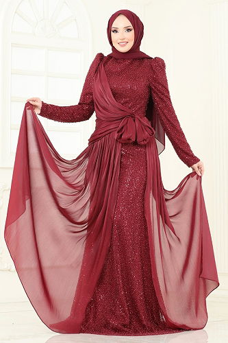 moda selvim فستان سهرة خمري 5076D170 - Thumbnail