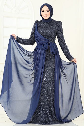 moda selvim Evening Dress 5076D170 Navy Blue - Thumbnail