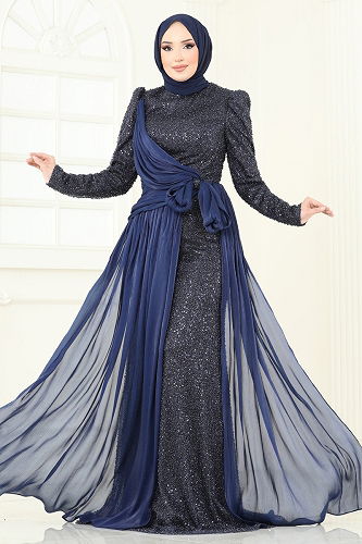 moda selvim Evening Dress 5076D170 Navy Blue - Thumbnail