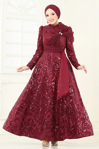 moda selvim Evening Dress 5099D170 Burgundy - Thumbnail