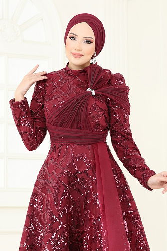 moda selvim Evening Dress 5099D170 Burgundy - Thumbnail