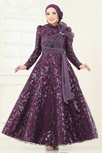 moda selvim Evening Dress 5099D170 Damson - Thumbnail