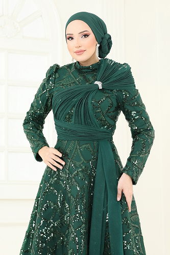 moda selvim Evening Dress 5099D170 Emerald - Thumbnail