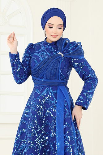 moda selvim Evening Dress 5099D170 Saxe - Thumbnail