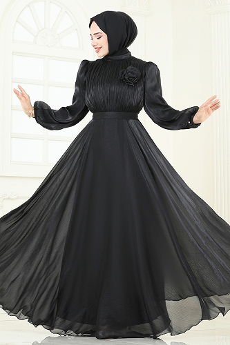 moda selvim Evening Dress 5107D170 Black - Thumbnail