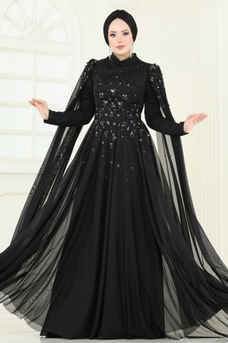 moda selvim Evening Dress 5117D170 Black - Thumbnail