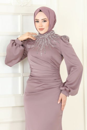 moda selvim Evening Dress 5130D170 Dark Lilac - Thumbnail