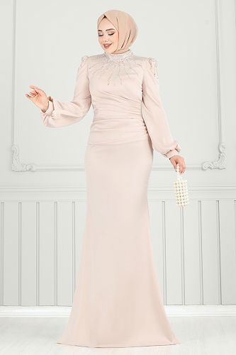 moda selvim Evening Dress 5130D170 Stone - Thumbnail