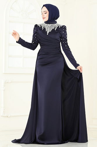 moda selvim فستان سهرة كحلي 5131D170 - Thumbnail