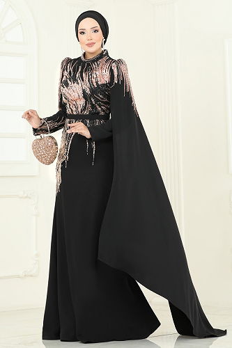 moda selvim Evening Dress 5142D170 Black & Copper - Thumbnail