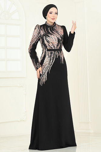 moda selvim فستان سهرة أسود ونحاسي 5142D170 - Thumbnail