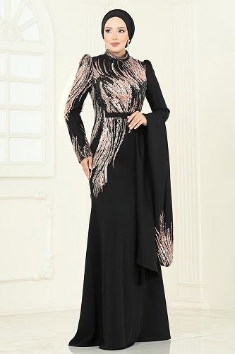 moda selvim فستان سهرة أسود ونحاسي 5142D170 - Thumbnail