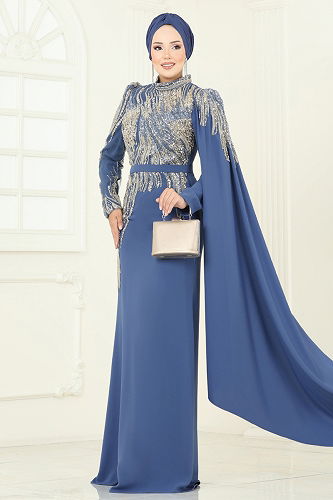 moda selvim Evening Dress 5142D170 Indigo - Thumbnail