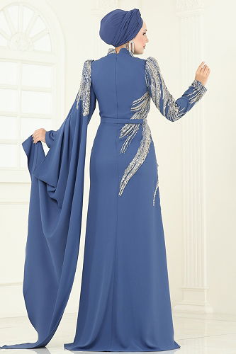 moda selvim Evening Dress 5142D170 Indigo - Thumbnail