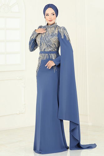 moda selvim فستان سهرة ازرق 5142D170 - Thumbnail