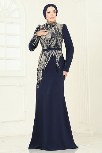moda selvim Evening Dress 5142D170 Navy Blue - Thumbnail