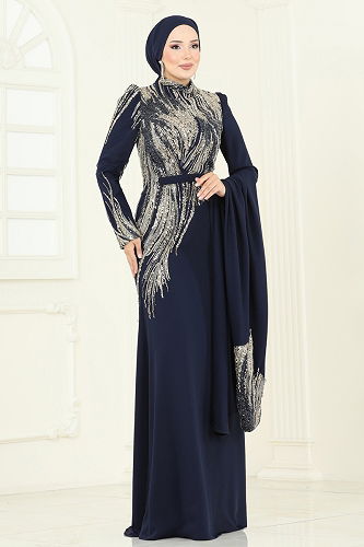 moda selvim فستان سهرة كحلي 5142D170 - Thumbnail