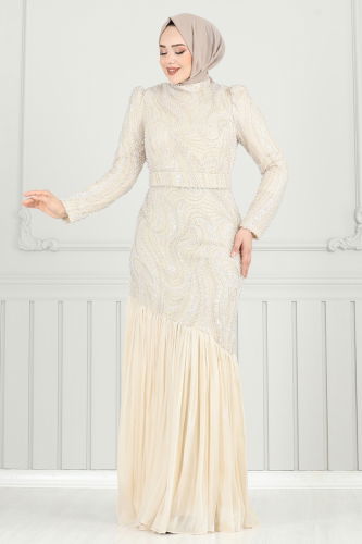 moda selvim Evening Dress 5162D170 Stone - Thumbnail
