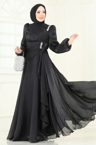 moda selvim Evening Dress 5164D170 Black - Thumbnail