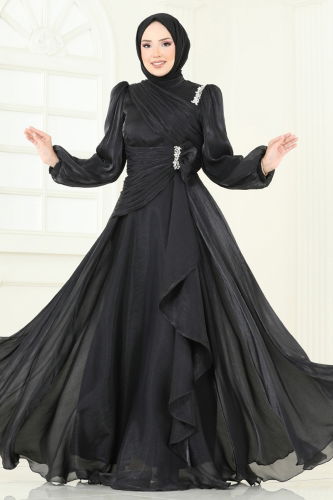 moda selvim Evening Dress 5164D170 Black - Thumbnail