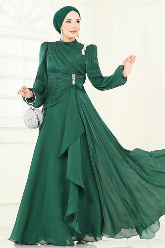 moda selvim Evening Dress 5164D170 Emerald - Thumbnail