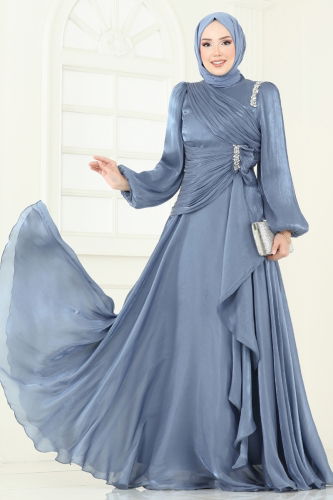 moda selvim Evening Dress 5164D170 Indigo - Thumbnail