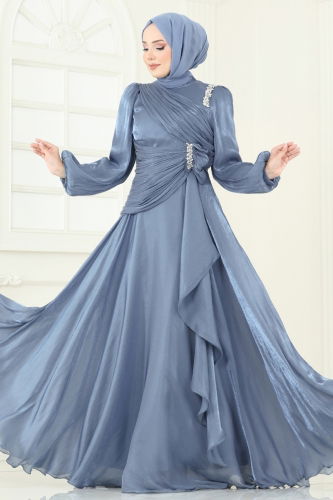 moda selvim Evening Dress 5164D170 Indigo - Thumbnail