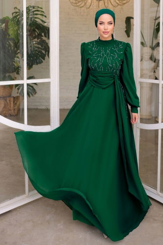 moda selvim Evening Dress 5202PCT864 Emerald - Thumbnail