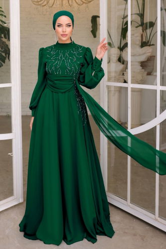 moda selvim Evening Dress 5202PCT864 Emerald - Thumbnail