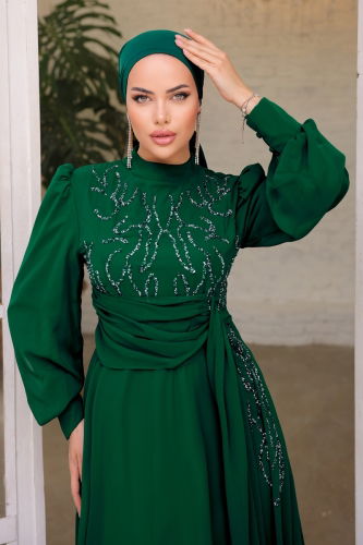 moda selvim Evening Dress 5202PCT864 Emerald - Thumbnail